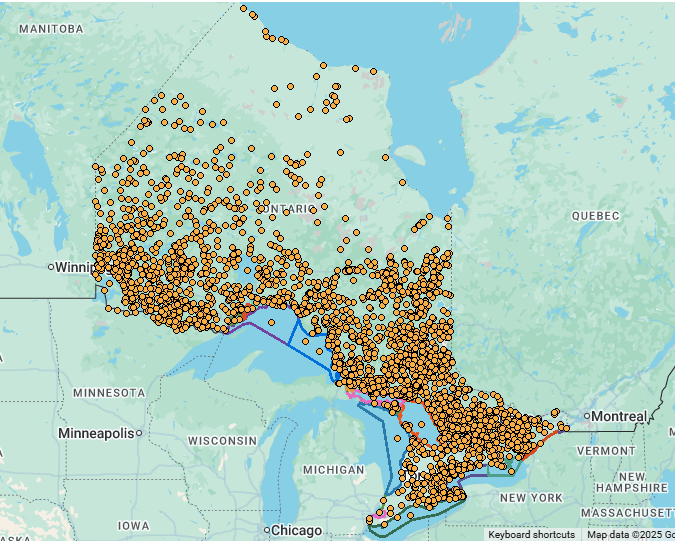 An image of a map of Ontario with various dots marking where lakes and rivers are